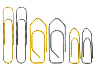Set of different golden and steel grounge  paper clip isolated on white background close up