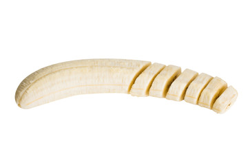 Peeled sliced banana isolated on white background