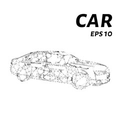 The car consists of points, lines and triangles. The polygon shape in the form of a silhouette of a car on a white background. Vector illustration.