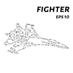 Fighter consists of points, lines and triangles. The polygon shape in the form of a silhouette of a fighter on a white background. Vector illustration