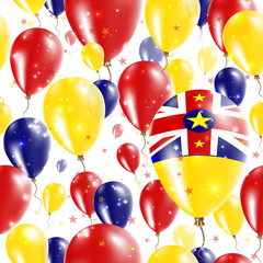 Niue Independence Day Seamless Pattern. Flying Rubber Balloons in Colors of the Niuean Flag. Happy Niue Day Patriotic Card with Balloons, Stars and Sparkles.