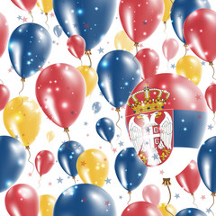 Serbia Independence Day Seamless Pattern. Flying Rubber Balloons in Colors of the Serbian Flag. Happy Serbia Day Patriotic Card with Balloons, Stars and Sparkles.