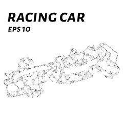 Racing car consists of points, lines and triangles. The polygon shape in the form of a silhouette racing car on a white background. Vector illustration