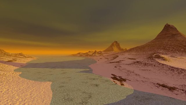 Desert, a martian landscape, rocky mountains and a sunset sky.