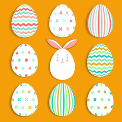 Easter eggs set collection and bunny on orange background, vector illustration.