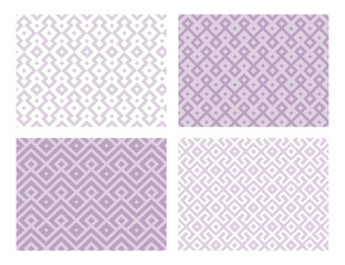 Collection of four geometric seamless patterns. Purple vector background.