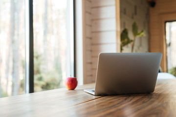 Laptop computer on table indoors near apple and window.