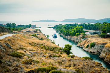 Fototapeta na wymiar Greece, Corinth, August 2016 The Corinth Canal connects the Gulf of Corinth with the Saronic Gulf in the Aegean Sea. 