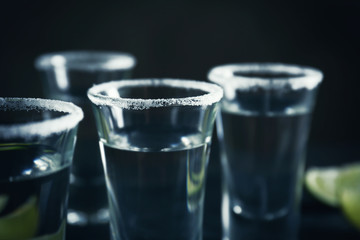 Tequila shot with salt, closeup
