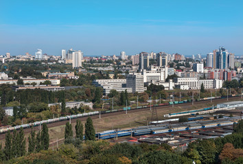 Obraz premium Kiev, Ukraine, picturesque view of the railway junction, the Polytechnic Institute and the residential area from a bird's eye view.
