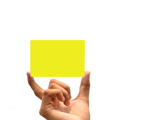 Holding yellow paper in white isolated background