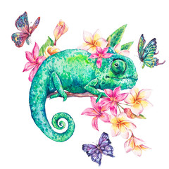 Watercolor green chameleon with butterflies, flowers © depiano