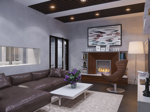 3d illustration of the interior design of the living room. The interior style of the apartment is modern in gray and white tones with accents of wood material.