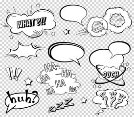 Comic speech bubbles set, wording sound effect design for background, strip. Book Bang cloud, pow and cool exclamation, bomb