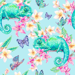 Watercolor seamless pattern with green chameleon © depiano