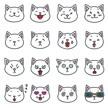 Funny white cat faces. Set of outline cat emoticon isolated on white background. Vector illustration