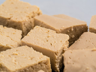 Close up view of soy cheese tofu diced