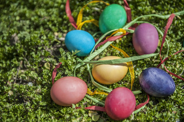 Fototapeta na wymiar Colorful Easter eggs with ribbons on green background