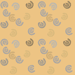 Decorative pattern of snails shells, freshwater river pearl mussel, mollusca on yellow background