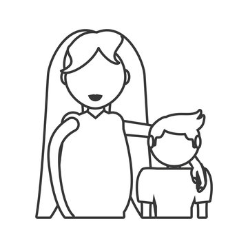 mom pregnant with son hugging outline vector illustration eps 10