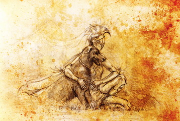 Mystic woman warior and dog in landscape. pencil drawing on old paper.