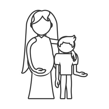 mother pregnant and son hugging outline vector illustration eps 10