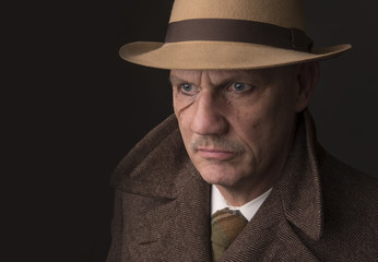 Mature man dressed as a 1940s gangster, on a grey background, taken with copy space 