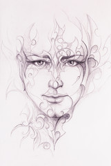 Mystic man face and ornament. pencil drawing on old paper.