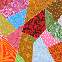 Vector abstract patchwork background. Abstract art background with swirls and floral elements.