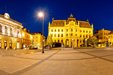 Fototapeta na wymiar Ljubljana square and landmarks evening panoramic view