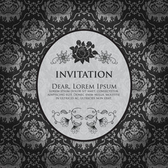 Wedding invitation and announcement card with vintage background artwork. Elegant ornate damask background. Elegant floral abstract ornament. Design template.