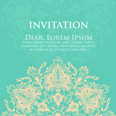 Wedding invitation and announcement card with ornament in Arabian style. Arabesque pattern. Eastern ethnic ornament. Elegant texture for backgrounds. Design template.