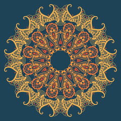 Vector ornamental round lace with damask and arabesque elements. Mehndi style. Orient traditional ornament. Zentangle-like round colored floral ornament.