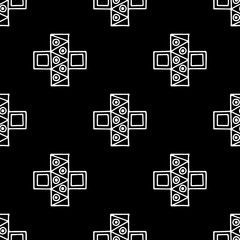 Seamless vector pattern. Black and white geometrical background with hand drawn decorative tribal elements. Print with ethnic, folk, traditional motifs. Graphic vector illustration.