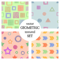 Set of seamless vector geometrical patterns with different geometric figures, forms. pastel endless background with hand drawn textured geometric figures. Graphic vector illustration