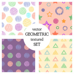 Set of seamless vector geometrical patterns with different geometric figures, forms. pastel endless background with hand drawn textured geometric figures. Graphic vector illustration