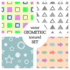 Set of seamless vector geometrical patterns with different geometric figures, forms. pastel endless background with hand drawn textured geometric figures. Graphic vector illustration