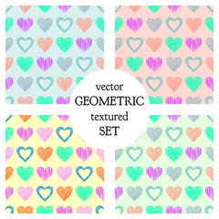 Set of seamless vector patterns with hearts. endless symmetrical backgrounds with hand drawn textured figures. Graphic illustration Template for wrapping, web backgrounds, wallpaper, cover, print,