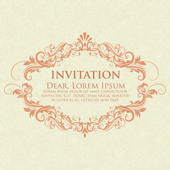 Wedding invitation and announcement card with vintage background artwork. Elegant ornate damask background. Elegant floral abstract ornament. Design template.