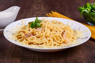 Meat paste. Spaghetti with chicken