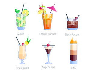 Set of alcoholic cocktails isolated fruit cold drinks tropical cosmopolitan freshness collection and party alcohol sweet tequila vector illustration.