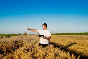Farmer at wheat field checking online internet progress.