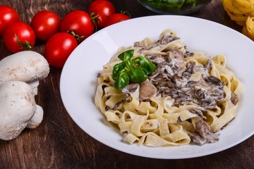 Vegetable paste. Tagliatelle in creamy sauce with mushrooms