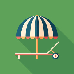 Parasol and sunbed flat square icon with long shadows.