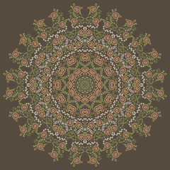 Vector ornamental round lace with damask and arabesque elements. Mehndi style. Orient traditional ornament. Zentangle-like round colored floral ornament.