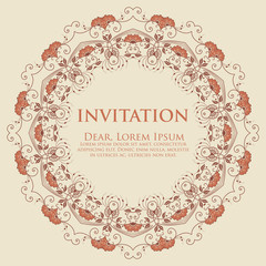 Wedding invitation and announcement card with ornamental round lace with arabesque elements. Mehndi style. Orient traditional ornament. Zentangle-like round colored floral ornament.