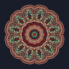 Vector ornamental round lace with damask and arabesque elements. Mehndi style. Orient traditional ornament. Zentangle-like round colored floral ornament.