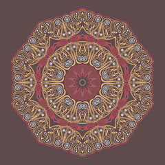 Vector ornamental round lace with damask and arabesque elements. Mehndi style. Orient traditional ornament. Zentangle-like round colored floral ornament.