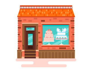 Obraz premium Store cakes. Style building flat with wedding cakes in the window.