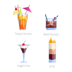 Set of alcoholic cocktails isolated fruit cold drinks tropical cosmopolitan freshness collection and party alcohol sweet tequila vector illustration.